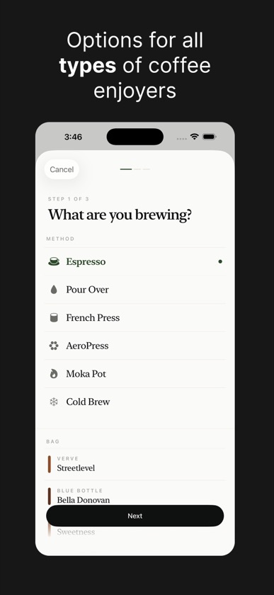 BeanBook brew flow with method choices and selected bag