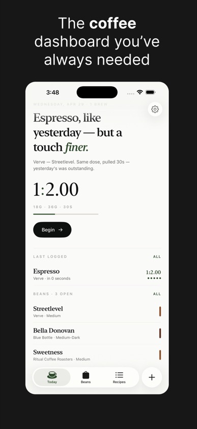 BeanBook dashboard with recent espresso log and open coffee bags