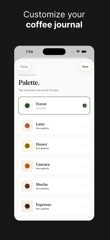 BeanBook palette picker with visual theme options